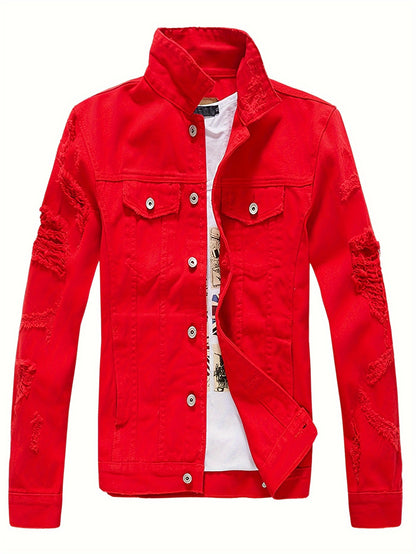 Men's Denim Jacket Fashion Slim Fit Ripped Cotton Stretch Denim Trendy Outerwear