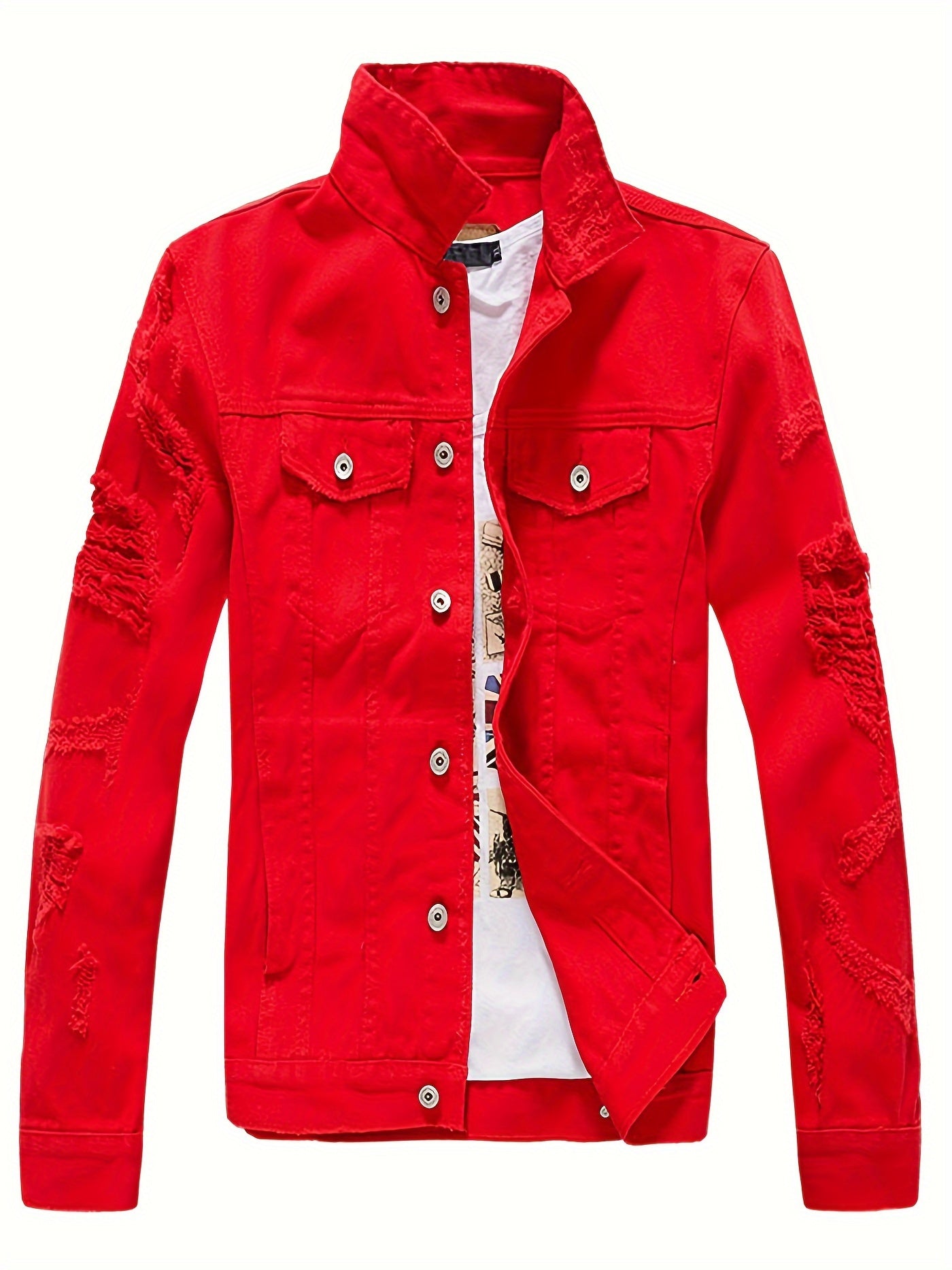 Men's Denim Jacket Fashion Slim Fit Ripped Cotton Stretch Denim Trendy Outerwear