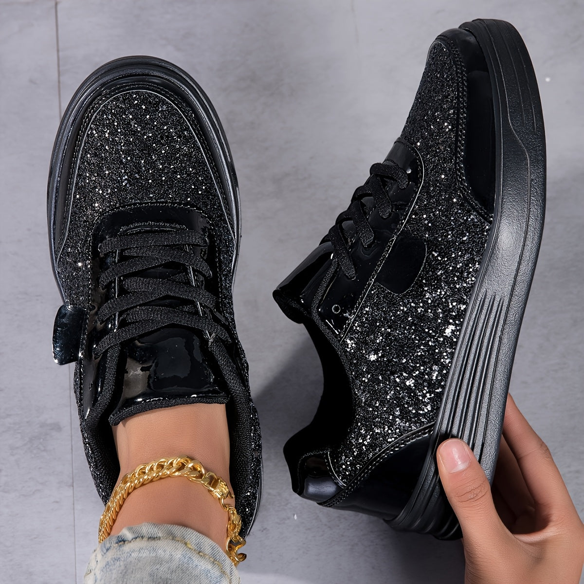 Women'S Fashionable Shiny Sports Shoes with Sequins | Running, Street Skateboard, Anti-slip, Spring and Summer, Mesh Breathable, Laced, Thick-soled Height-increasing, Low-top Walking Shoes, Polyurethane Upper, EVA Sole, Women Shoes, Sneakers