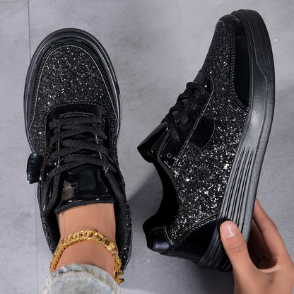 Women'S Fashionable Shiny Sports Shoes with Sequins | Running, Street Skateboard, Anti-slip, Spring and Summer, Mesh Breathable, Laced, Thick-soled Height-increasing, Low-top Walking Shoes, Polyurethane Upper, EVA Sole, Women Shoes, Sneakers