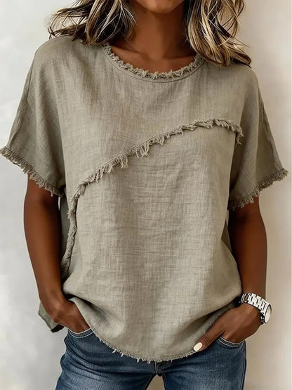 Spring/Summer 2026 New Round Neck Casual Fringed Panel Loose Short-Sleeved Top for Women