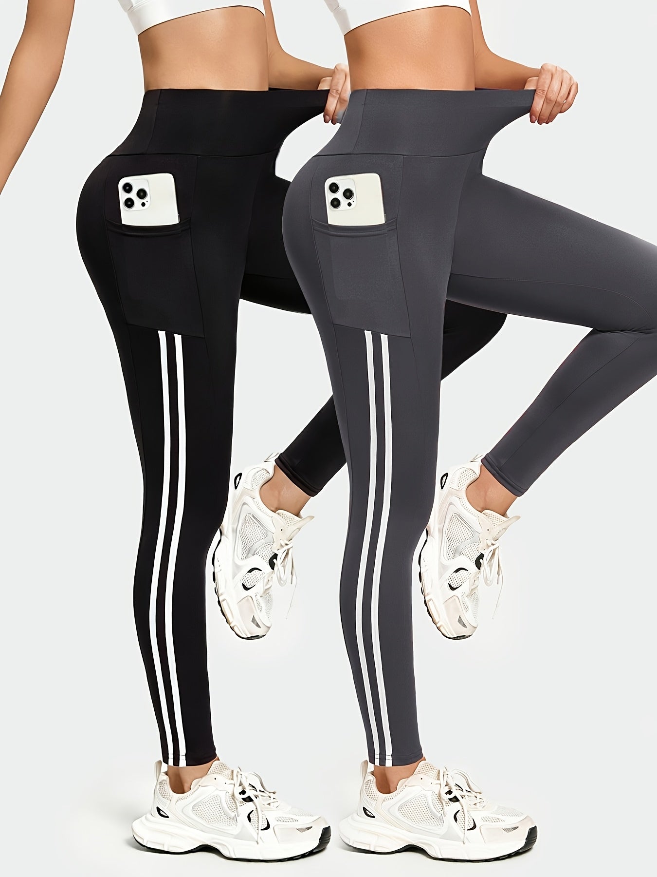 2pcs Set High-Waisted Yoga Leggings, Double-Stripe Design with Pockets, Ultra-Stretch, Comfortable & Machine Washable, Yoga & Fitness Workouts, All-Season Wear | Fashion Activewear | High-Stretch Fabric