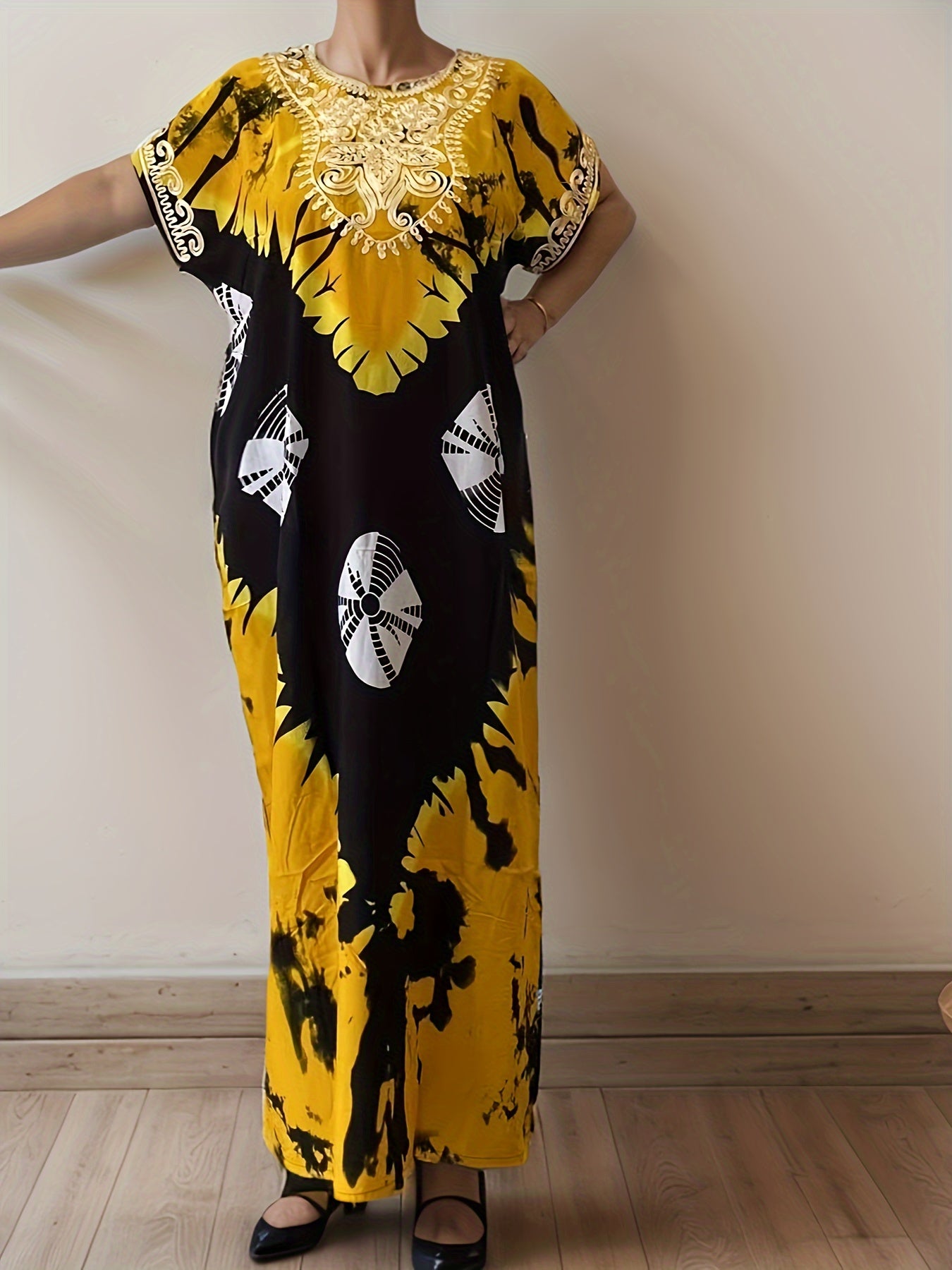 Elegant Ramadan Kaftan Dress: Middle Eastern Women's Long Sleeve, Floral Print, Rayon/Viscose, Seasonal, Straight Cut,, Sari Style, Suitable for All Seasons