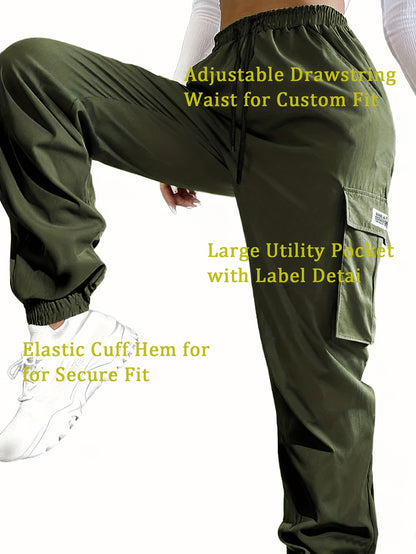 Women'S Zippered Pocket Cargo Pants, Stylish Large Pocket Design, Drawstring Elastic Waistband, Casual Outdoor/everyday Wear Trousers
