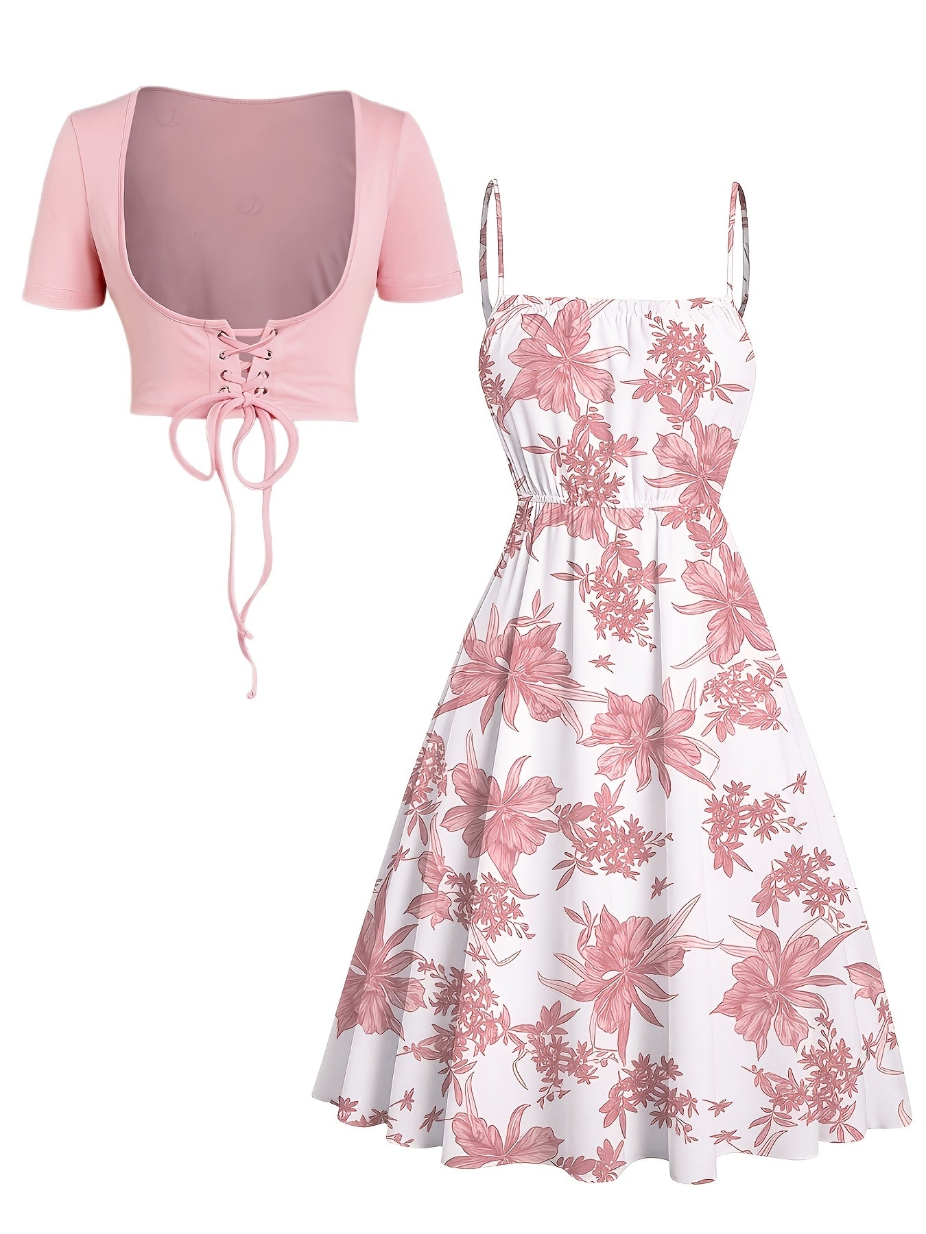 Floral Print Waisted Sleeveless Cami Dress And Solid Lace Up Short Sleeve Crop Top Set