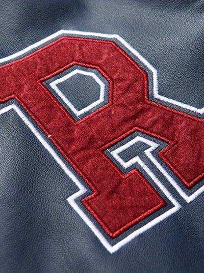 Plus Size Men'S Letter "R" Print PU Jacket for Spring/Autumn, Oversized Punk Raglan Baseball Jacket for Big & Tall Males, Men'S Clothing