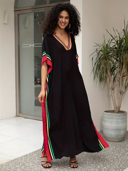 Women'S Casual Kaftan Dress, Plus Size Batwing Sleeve V Neck Maxi Dress