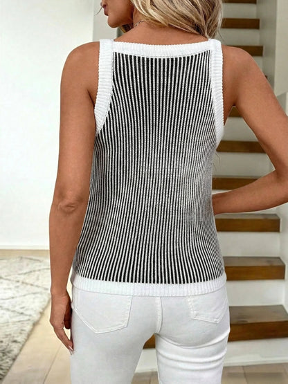 Women's Striped Crop Top - Spring/Summer Sleeveless, V-neck, Trendy Casual, Breathable Knitwear, Ideal for Urban Outings, Casual Socials, Weekend Escapes