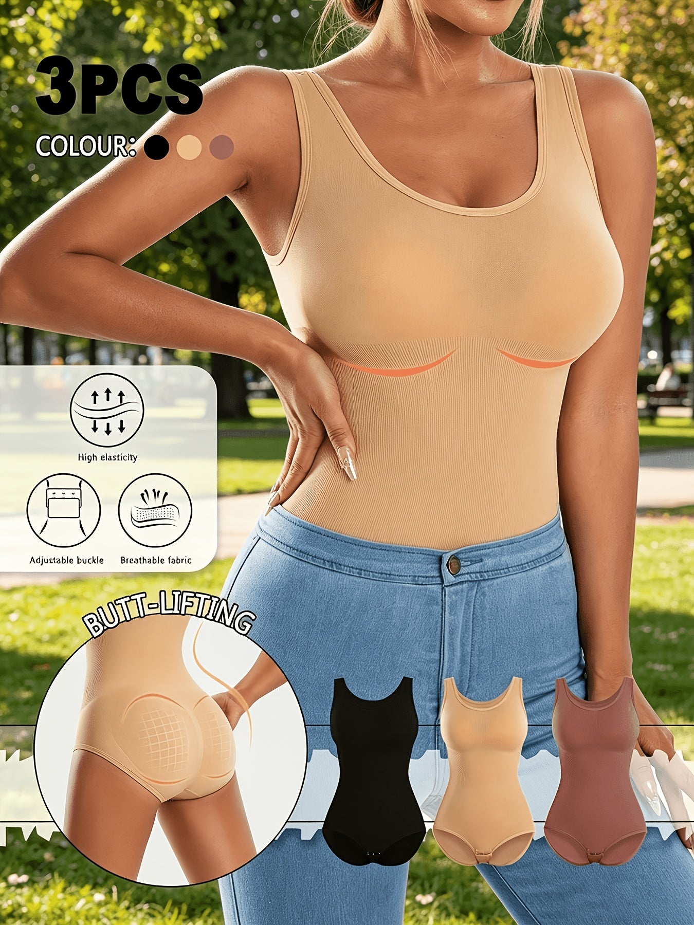 3pcs Women Sleeveless Tank Top Shapewear Bodysuit, U Neck Tummy Control Waist Cincher Shaping Body Shaper, High Stretch Breathable Sculpting Bodysuits Postpartum Body Shaping Underwear