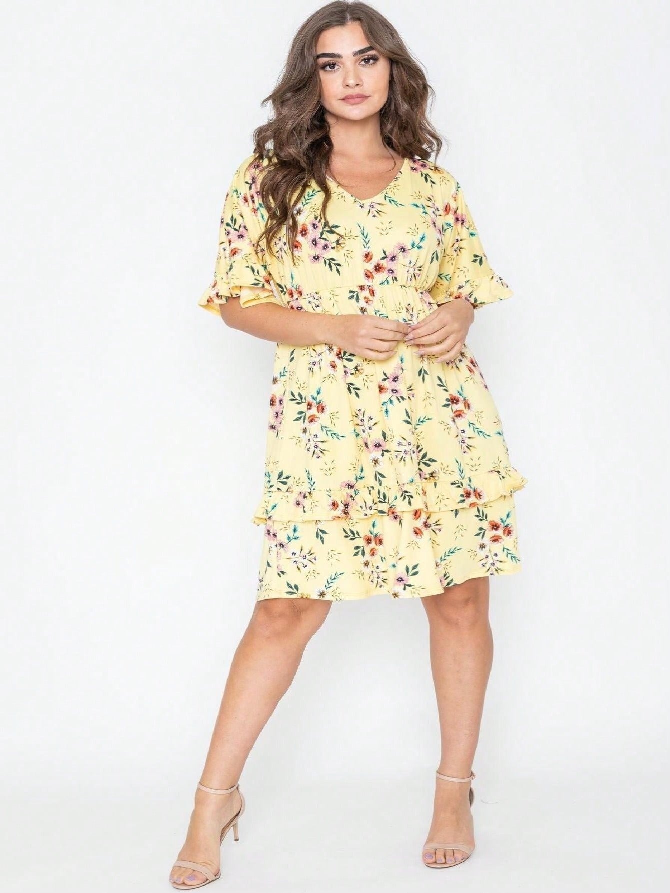 Vintage Boho Navy Pink Yellow White Charcoal Floral Ruffle flutter Trim Midi Dress S-3X