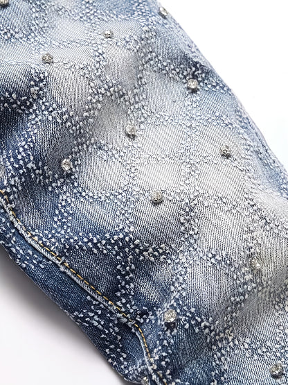 Y2K Men's Shiny Rhinestone Embellished Stretch Slim-Fit Jeans, Casual Street Style Hip-Hop Skateboarding Rap Pants, Machine Washable - All-Season Wear