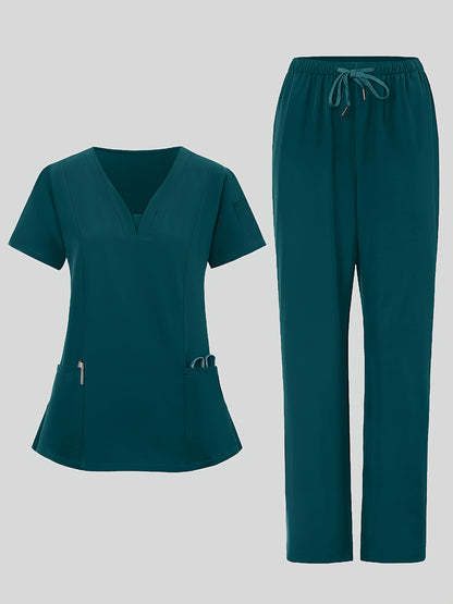 2pcs Women's Breathable V-Neck Work Uniform - Machine Washable Pocket Detail Matching Top & Pants, Casual Work Clothes Suitable for Work Uniforms, Healthcare, Education, Retail - Comfortable Professional Attire