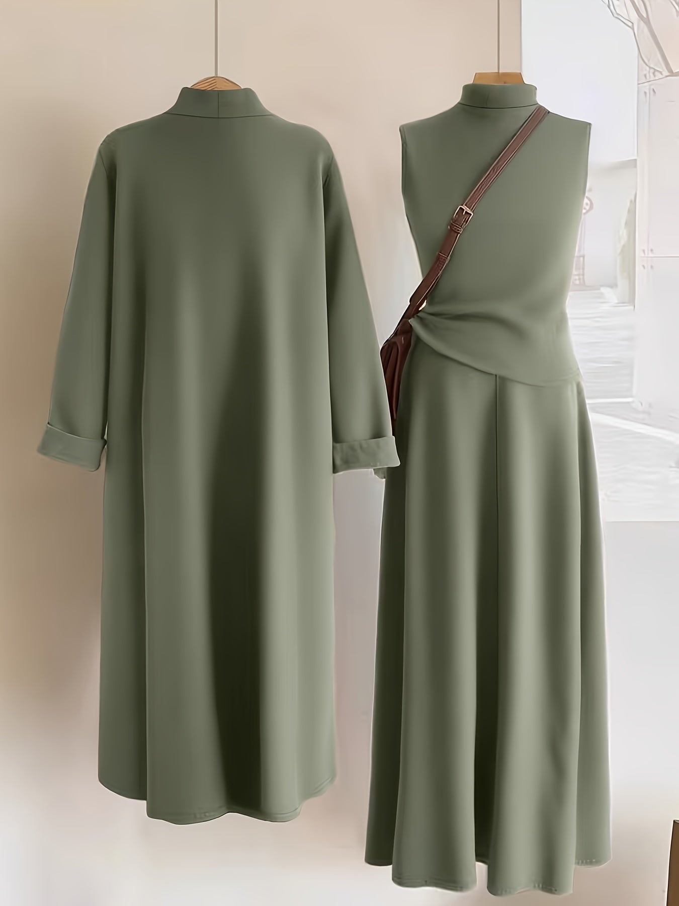Morandi Green Three-Piece Set for Women: High-Collar, Sleeveless Top And Loose A-Line Midi Skirt And Long Cardigan. Casual Style Suitable for All Seasons