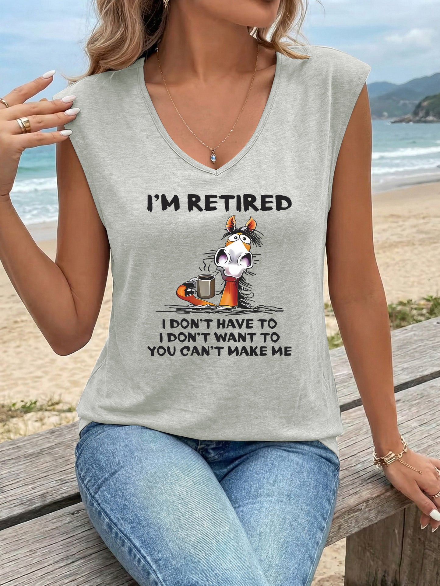 Women'S Casual Athletic V-Neck Tank Top | Trendy Sleeveless T-shirt for Comfortable and Breathable Summer & Beach Wear, Retired Design with a Touch of Humor, Cartoon Pattern