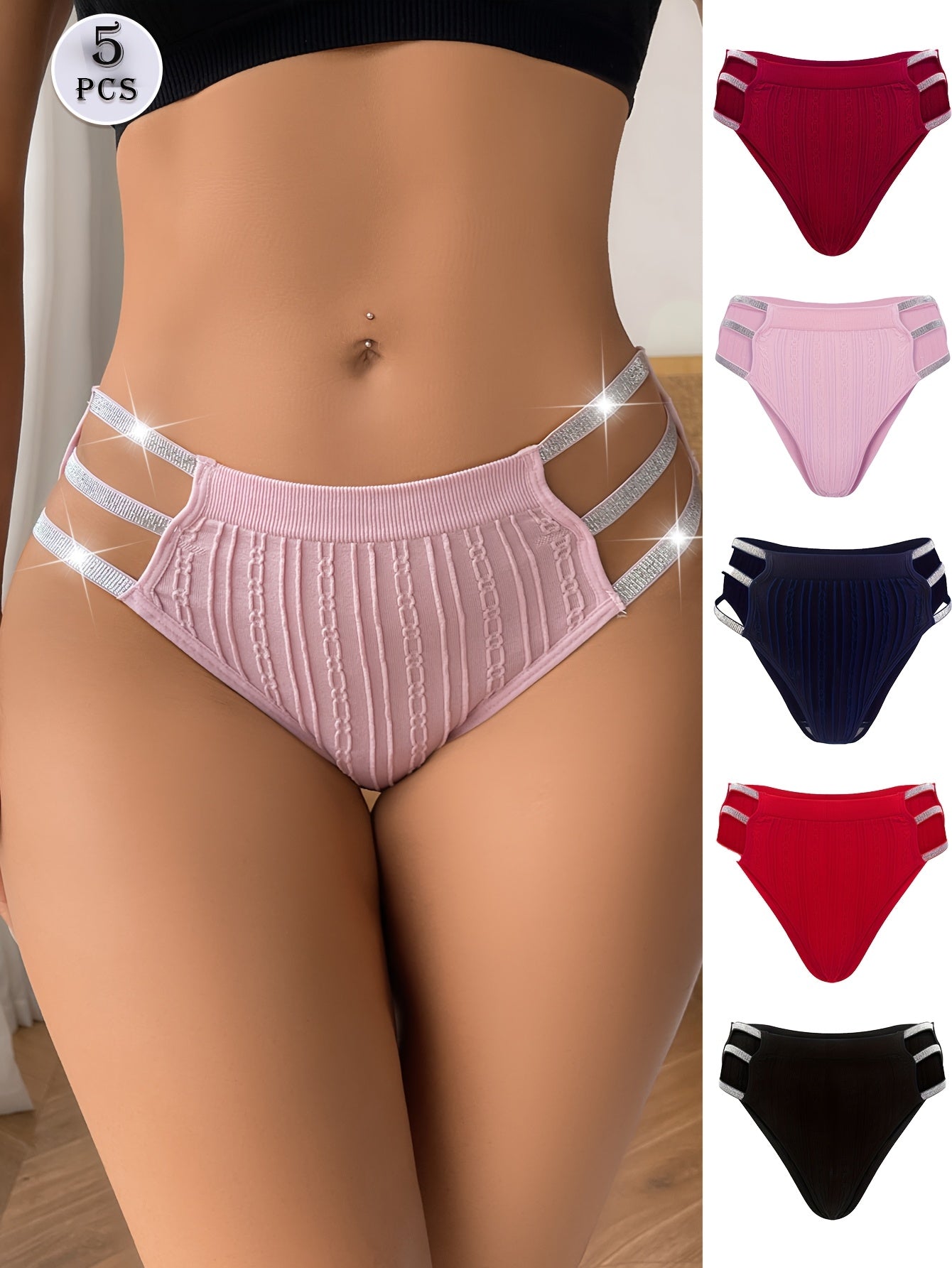 5pcs Ladies Sexy Hollowed Out Triangle Panties, Shiny Waistband Mix 5 Colours Fashion Trend Low Waist Underwear, Mature And Elegant Comfortable Soft And Breathable High Elasticity Brief