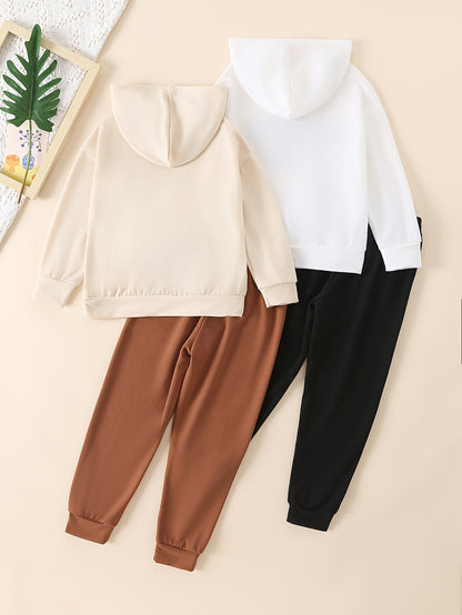 4pcs Autumn/Winter Girls' Sporty Hooded Sweatshirt and Pants Set, Cute and Stylish Holiday Gift for Girls Ages 4-14, Letter Print Pullover and Casual Athletic Pants, Perfect for Outdoor