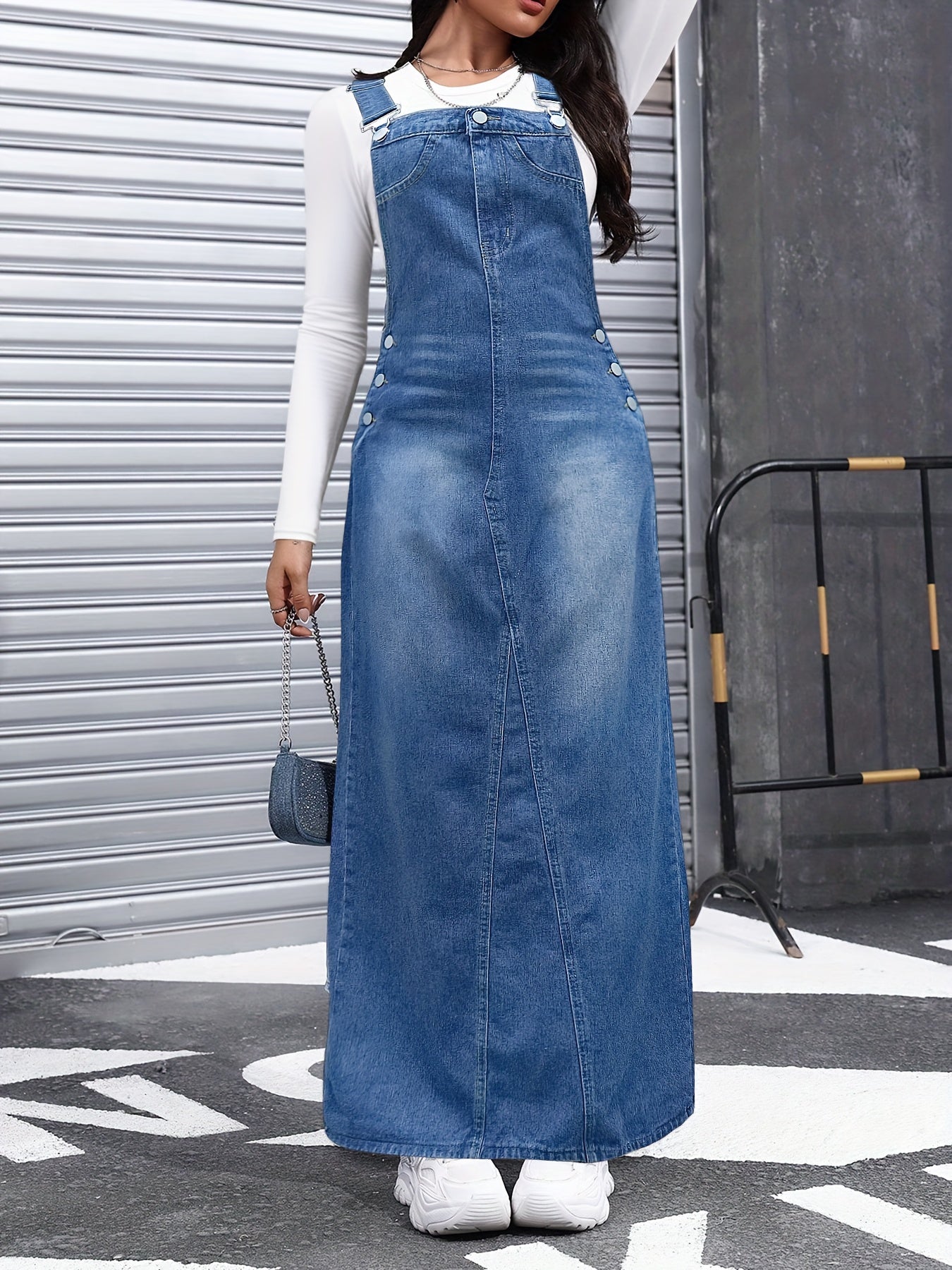 American Street Trend Women's Denim Overalls Skirt Jean Skirts for Women, Loose And Comfortable, Versatile for Commuting, Multi-breasted, Detachable Shoulder Straps, Long Skirt