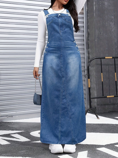 American Street Trend Women's Denim Overalls Skirt Jean Skirts for Women, Loose And Comfortable, Versatile for Commuting, Multi-breasted, Detachable Shoulder Straps, Long Skirt