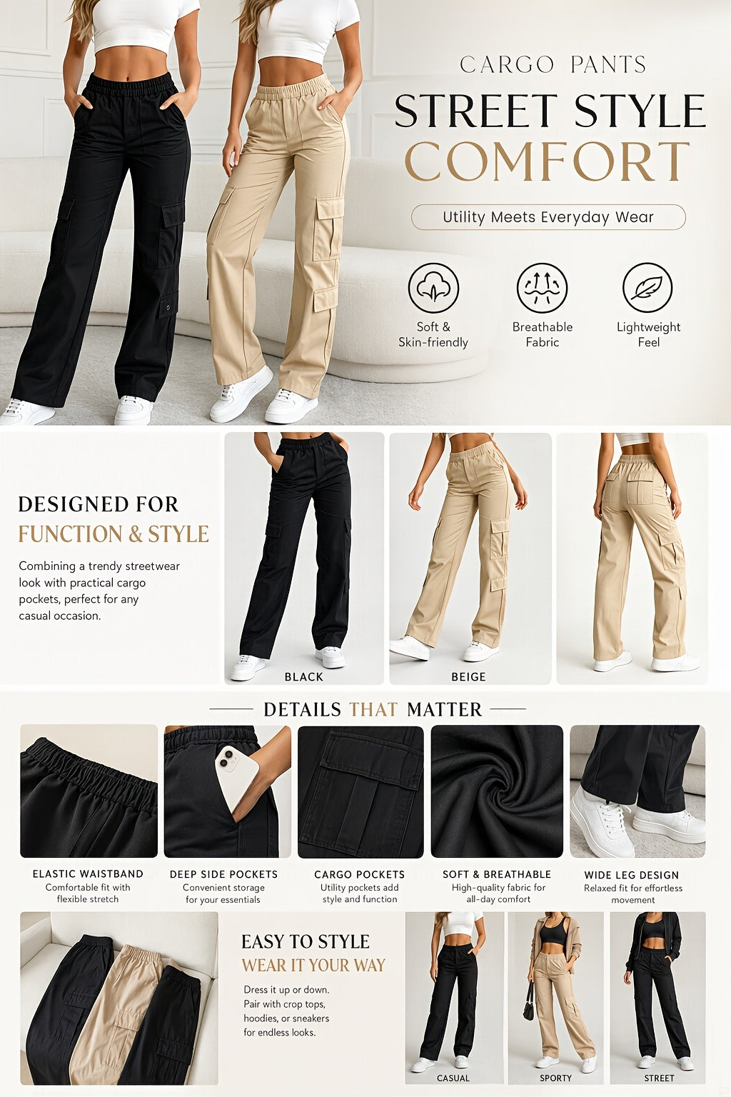 1 Pair Women'S High-Waisted Multi-Pocket Sporty Work Pants. Comfortable And Breathable. Suitable for Daily Outings, Shopping, Dating, Casual Wear, Weddings, Formal Events, And Graduation Ceremonies. The Perfect Choice for Gatherings with Friends