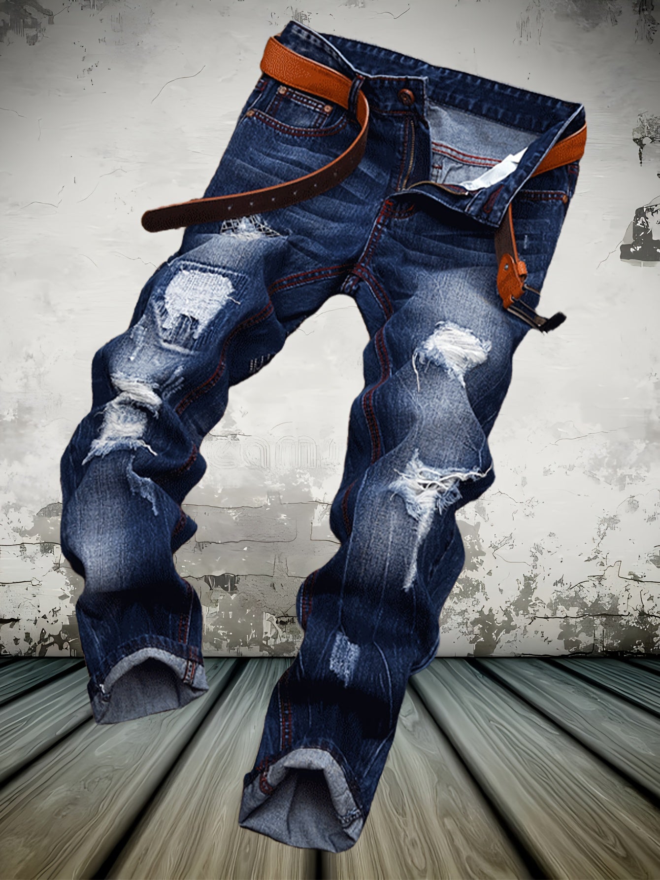 American High Street Washed Holes in Men'S Jeans Trend Blue Motorcycle Casual Straight Pants