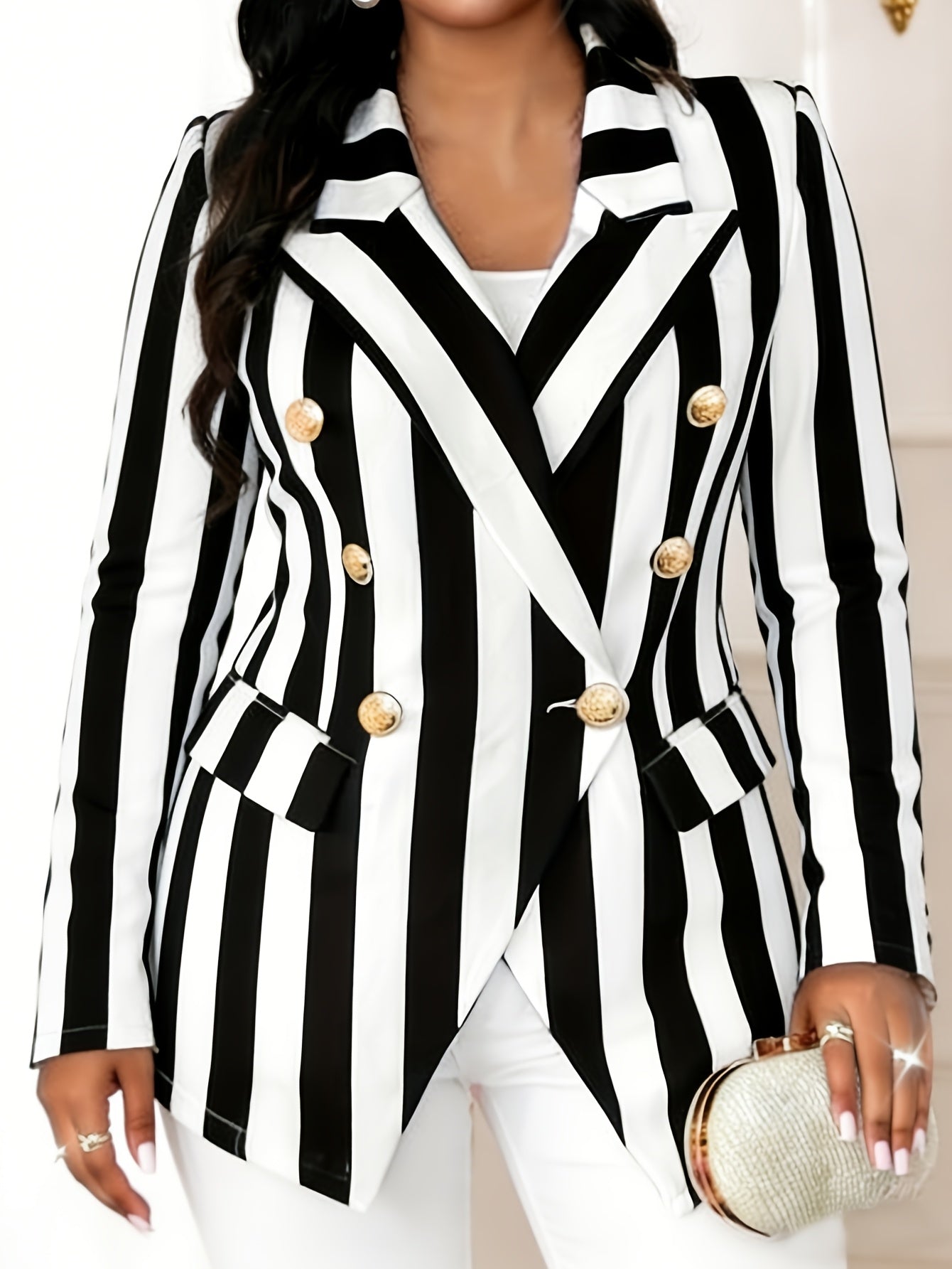 Double Button Lapel Collar Striped Blazer, Stylish Long Sleeve Split Blazer For Spring & Fall, Women'S Clothing