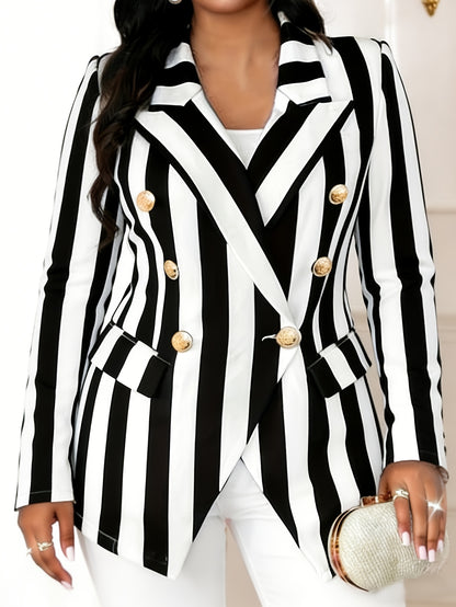 Double Button Lapel Collar Striped Blazer, Stylish Long Sleeve Split Blazer For Spring & Fall, Women'S Clothing
