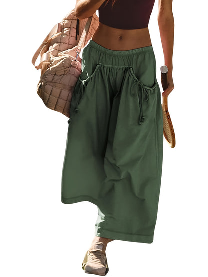 Women'S Lightweight Wide Leg Sweatpants - Summer High Waist Elastic Joggers With Pockets | Cargo Pants For Workout Hiking Travel | Casual Streetwear Athleisure Capri Pants