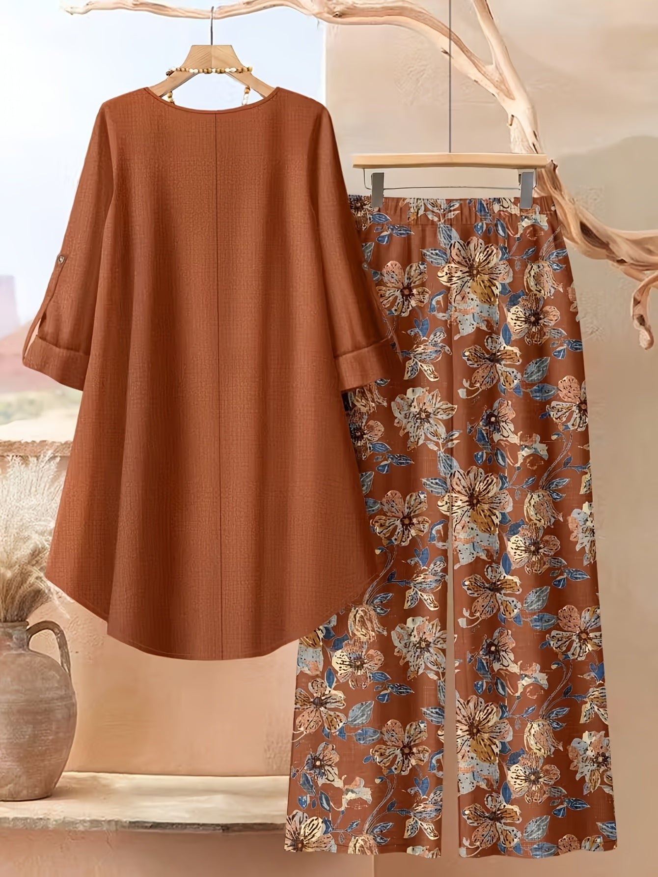 Women's Khaki Floral Printed Wide-Leg Pants - product view 6