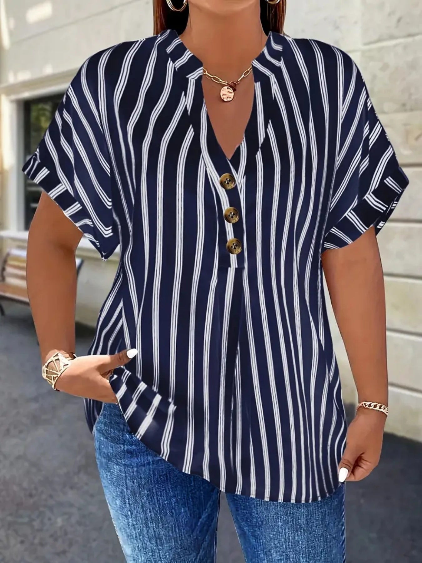 Plus Size, Striped Notch V-Neck Shirt with Faux Buttons Short Sleeve Simple and Plus-Size for Women Casual Top