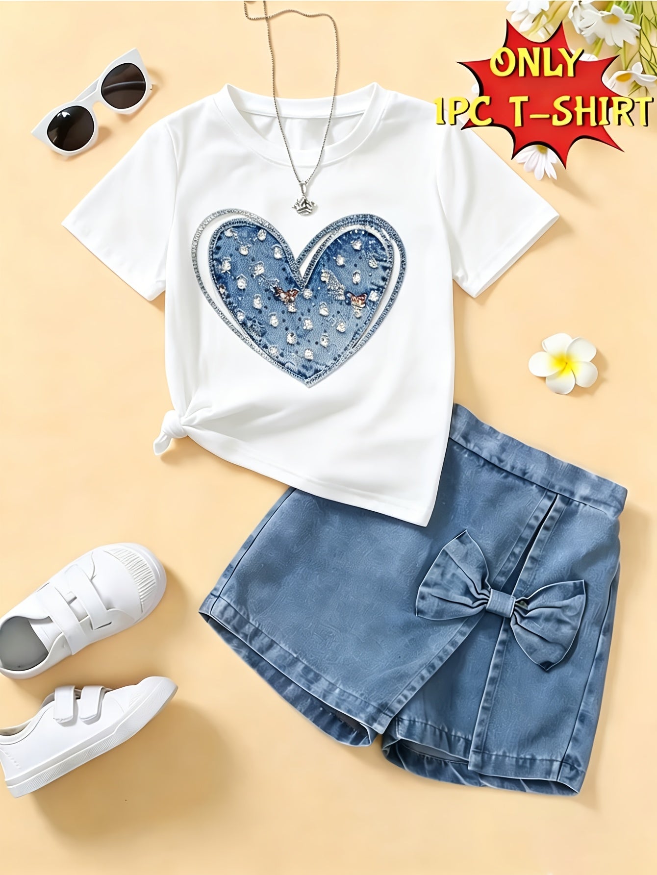[Girls' Heart Print T-Shirt] Single-Pc T-Shirt (One T-Shirt Solely) - Girls' Short-Sleeve T-Shirt With Heart Print. This Single-Piece T-Shirt Is Suitable For Spring And Summer Vacations, Beach Parties, Birthday Celebrations, School Outings