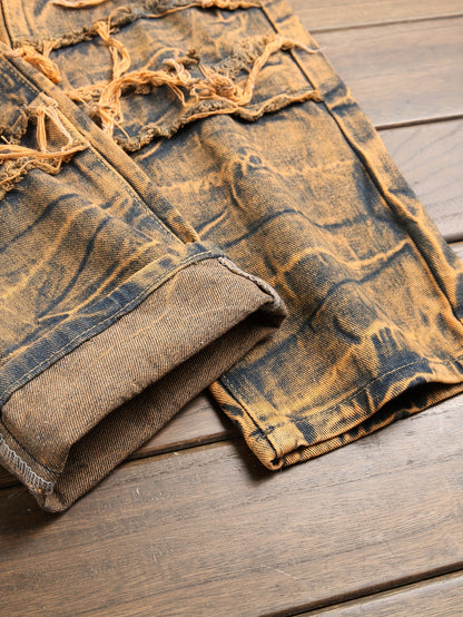 Fashion Trends Stacked Multi-post Fabric Tassels Holes Irregular Tie Flower Splashed Ink Jeans Casual Men's Trousers