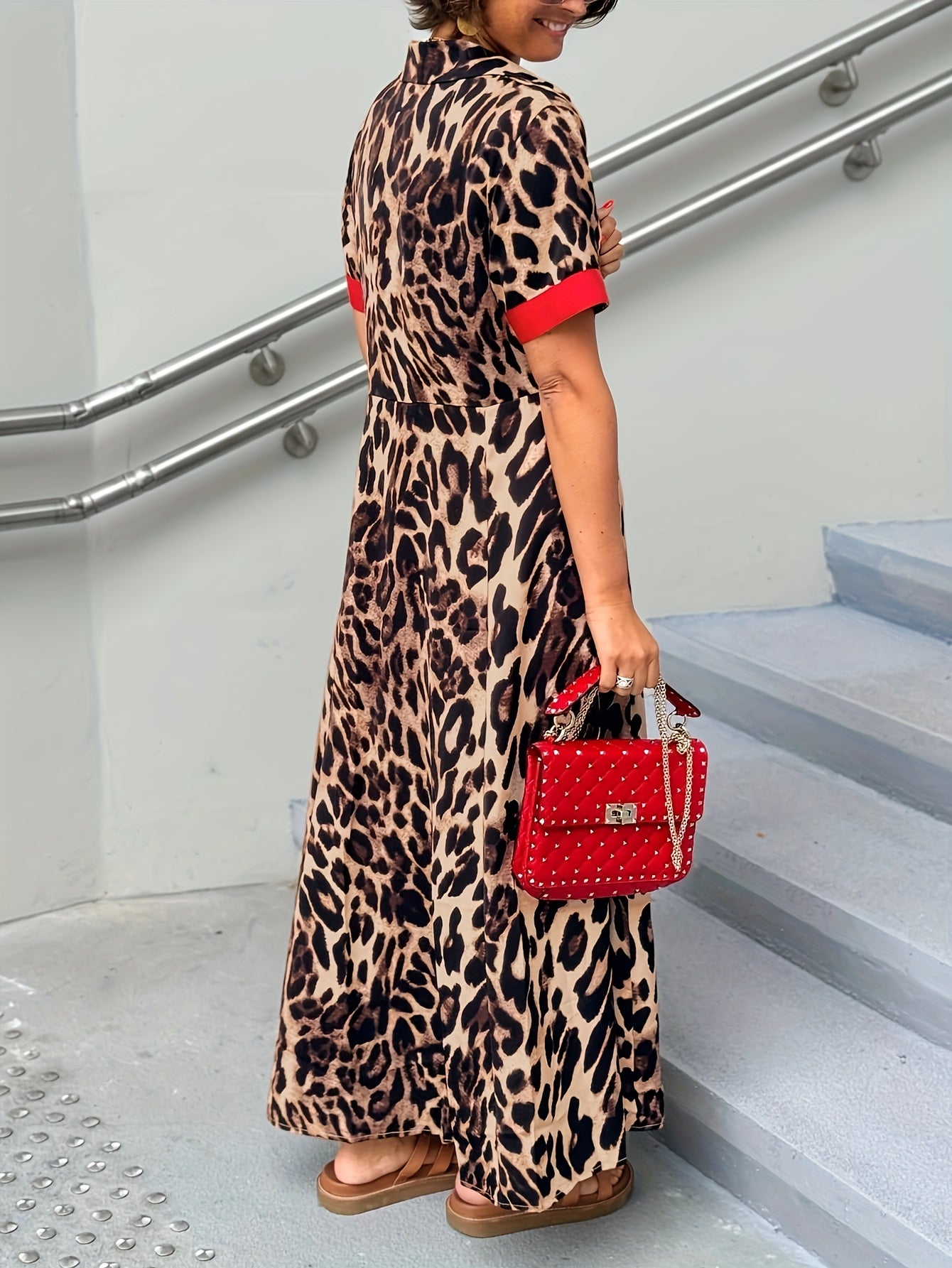 Women's Red Polyester Printed Short-Sleeve Dress - product view 5