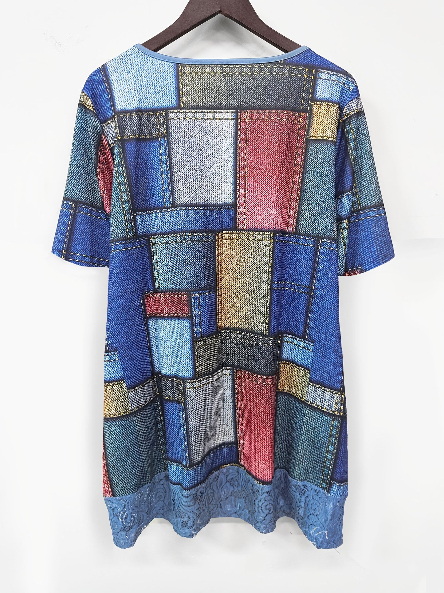 Plus Size, Women's Lace Patchwork Plaid Print Top with Pockets - Spring And Summer Versatile U-neck Button Short-sleeved Elegant Top, Polyester Material Is Soft And Comfortable, Suitable for Casual Travel And Formal Occasions, Women's Clothing