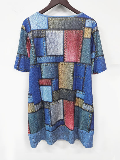 Plus Size, Women's Lace Patchwork Plaid Print Top with Pockets - Spring And Summer Versatile U-neck Button Short-sleeved Elegant Top, Polyester Material Is Soft And Comfortable, Suitable for Casual Travel And Formal Occasions, Women's Clothing