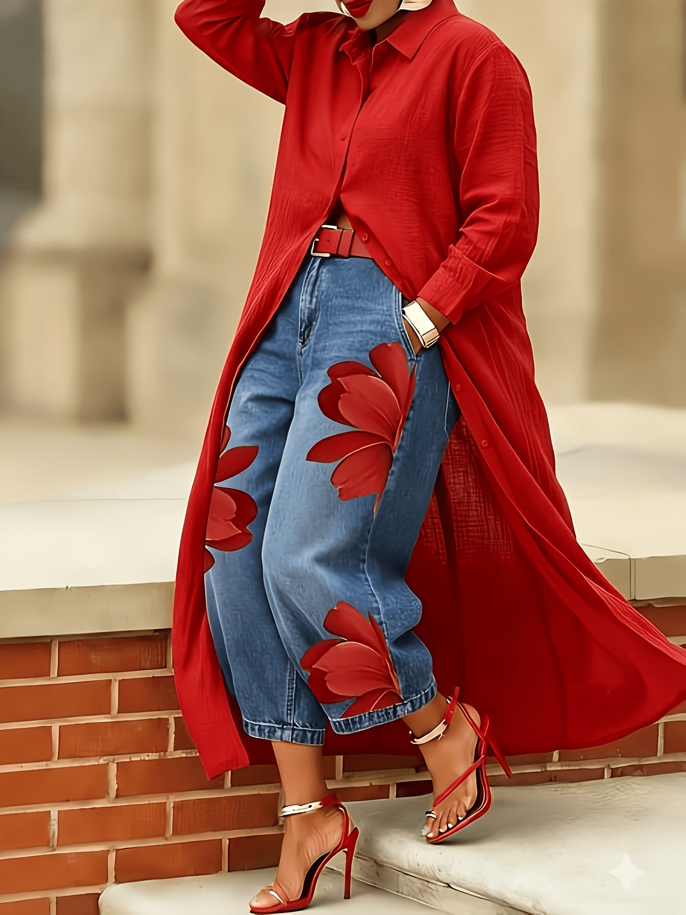 Red Women's Button Maxi Shirt Dress, Casual Long Sleeve Lapel Collar Loose Fit Duster Dress, Dress Only (Pants Not Included)