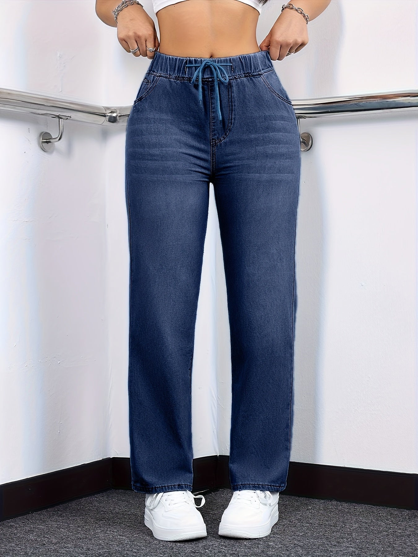 [Drawstring Waist Jeans] Plus Size Women's Drawstring Waist Straight Leg Jeans | High Waist Stretchy Washed Denim | Casual Trendy Comfy Jeans for Daily Wear | Flattering Fit