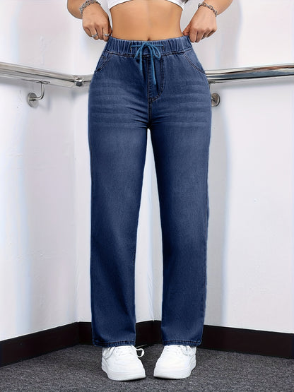 [Drawstring Waist Jeans] Plus Size Women's Drawstring Waist Straight Leg Jeans | High Waist Stretchy Washed Denim | Casual Trendy Comfy Jeans for Daily Wear | Flattering Fit