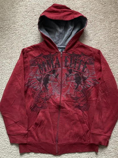 Y2K MMA Elite Zip Up Hoodie, Red Vintage Graphic Streetwear Jacket with Gothic Skull Wing Print, Full Zip Sweatshirt for Fall Winter, Unisex Hip Hop  Style Hoodie for Teens Men Women Couples, American Aesthetic Fashion Outerwear