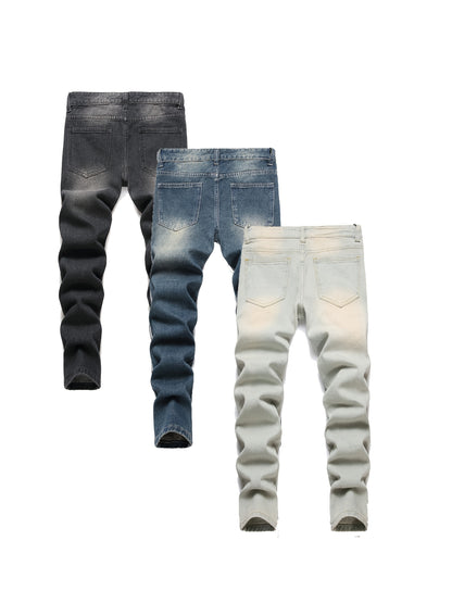 [3pcs Of Jeans] Boys' Retro Distressed Slim Fit Washed Denim Jeans, Boys' Casual Multi Piece Jeans, All Season Collection