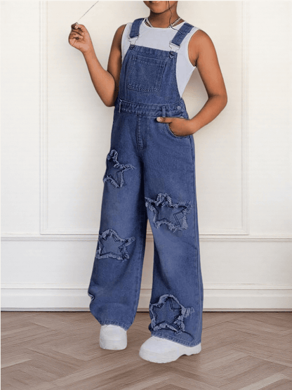 Girls' Star Embroidered Denim Overalls - Wide Leg