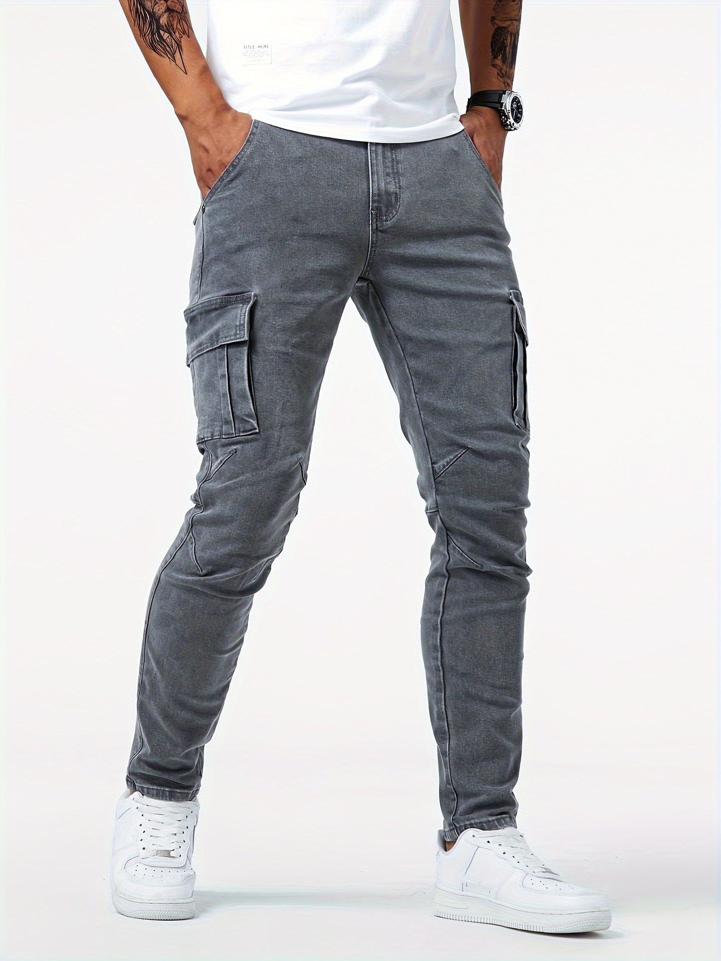 Slim Fit Multi Pocket Jeans, Men's Casual Street Style High Stretch Denim Pants for All Seasons Outdoor