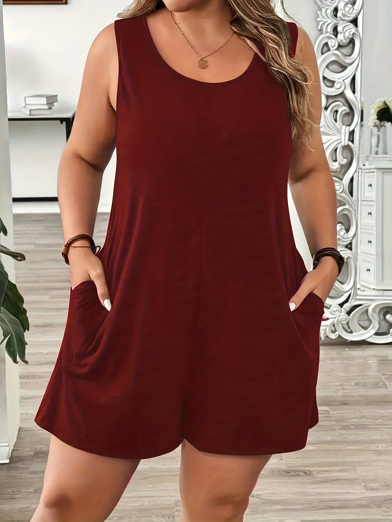 Green 3pcs Women's Plus Size Sleeveless Jumpsuit - Elegant Crew Neck, Stretchy Fabric, Pocket Detail, Ideal for Spring/Summer/Fall, Casual Wear|Elegant Sleeveless Jumpsuit|Pocketed Jumpsuit