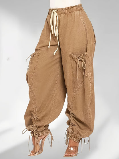Women's Loose Jeans Women's Fashion Drawstring Lace-up Elastic Waist Jeans, Suitable for Daily Wear, All-season Casual Street Clothes,