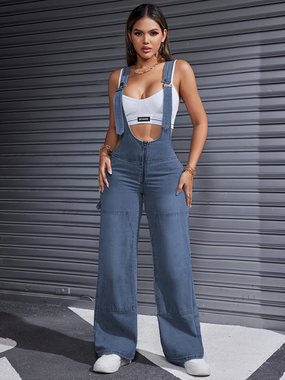 Women'S Clothing For Autumn And Summer, Women'S Summer Wear, Women'S Denim, Overalls, Adjustable Shoulder Straps, Loose Straight Legs, Wide-leg Denim Jumpsuits, Loose Jumpsuits
