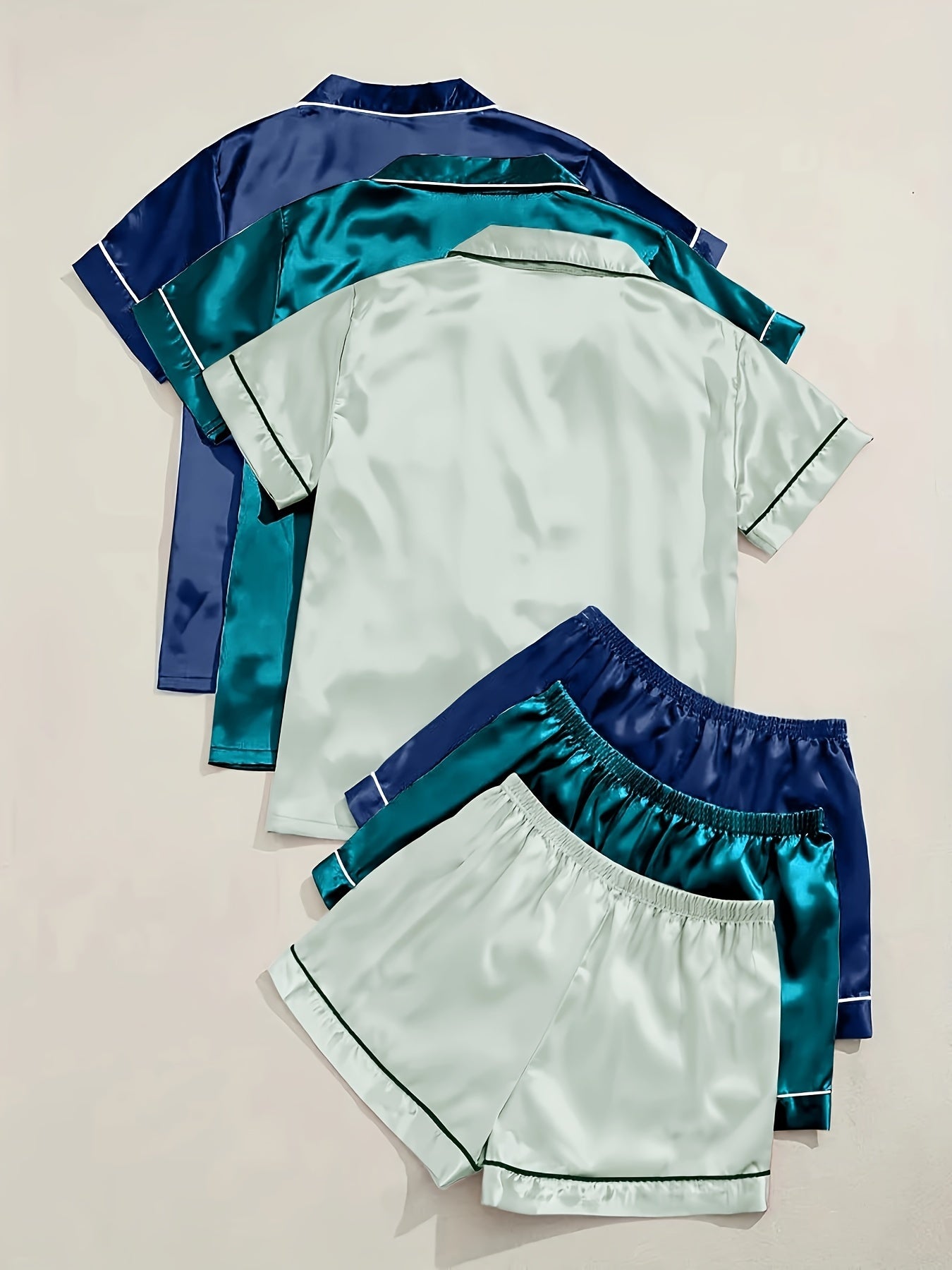Black + Champagne + Pink Satin Short-Sleeve Shorts - product view 19