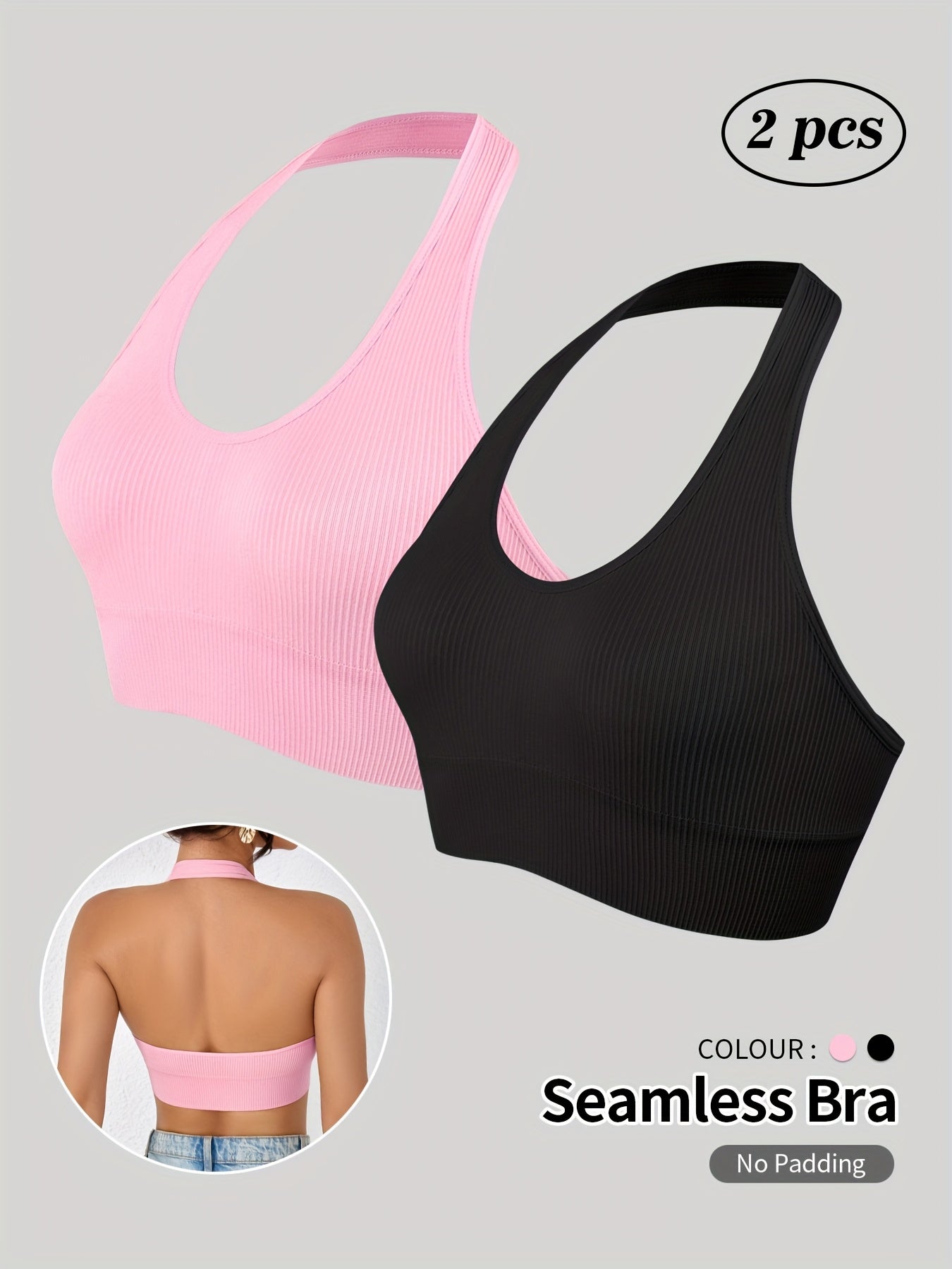 Set of 2 NADIA GO Women'S Seamless Sports Bras - Comfortable And Breathable Tops for Yoga And Workouts, Featuring a Racerback Design with Side Stripes, Available in Light Gray And Black, Sleeveless for Gym Activities, Running, And Pilates