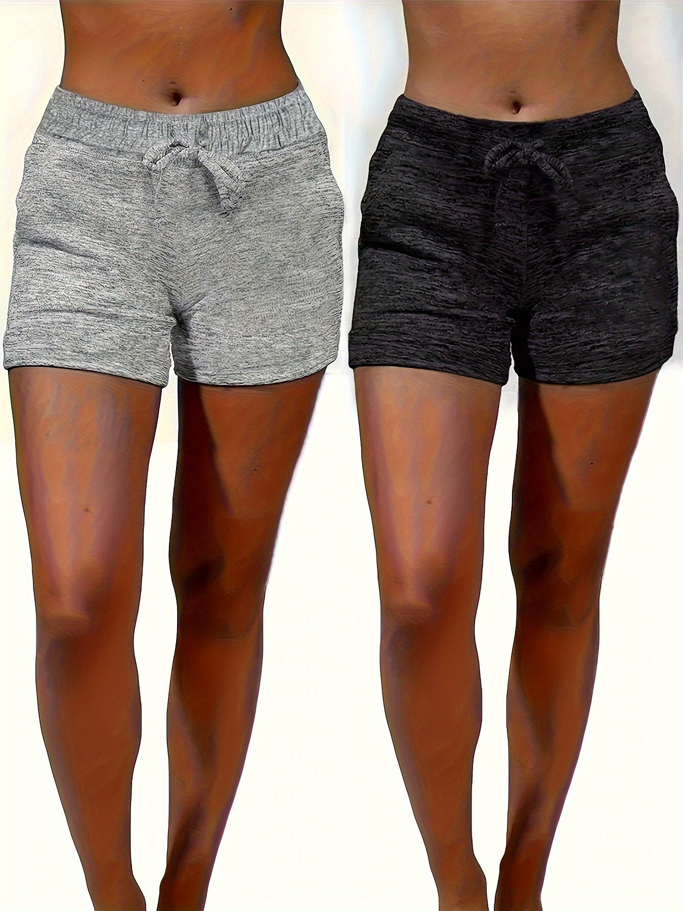 2pcs Solid-color Casual Pocket Women'S Shorts With Adjustable Drawstrings - Spring, Summer And Autumn Lightweight And Breathable Fabric, Machine Washable, Suitable For Home And Daily Wear, Seasonal Fashion, Soft Texture