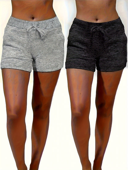 2pcs Solid-color Casual Pocket Women'S Shorts With Adjustable Drawstrings - Spring, Summer And Autumn Lightweight And Breathable Fabric, Machine Washable, Suitable For Home And Daily Wear, Seasonal Fashion, Soft Texture
