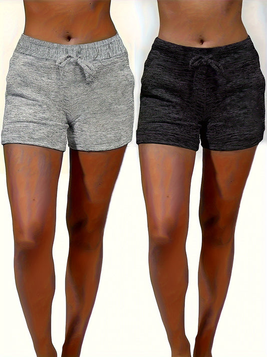 2pcs Solid-color Casual Pocket Women'S Shorts With Adjustable Drawstrings - Spring, Summer And Autumn Lightweight And Breathable Fabric, Machine Washable, Suitable For Home And Daily Wear, Seasonal Fashion, Soft Texture