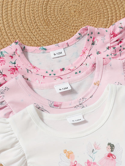 A Cute And Casual Outfit Set for Baby Girls Featuring a Pink Floral Print Dress with Flutter Sleeves, Designed for Spring And Summer.